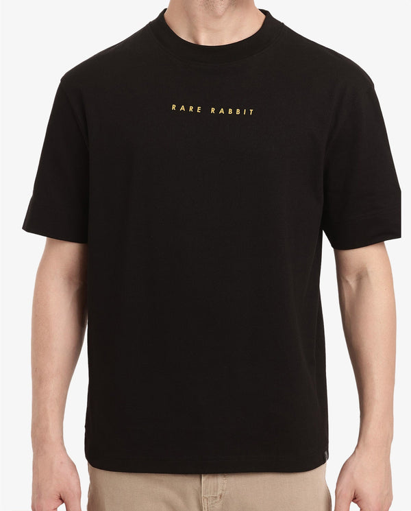 Rare Rabbit Men Tyga Black Cotton Fabric Short Sleeve Crew Neck Oversized Fit Graphic Back Print T-Shirt