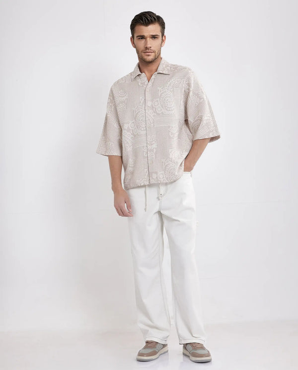 Rare Rabbit Men Tyra Beige Cotton Poly Fabric Half Sleeve Collared Neck Button Closure Jacquard Shacket