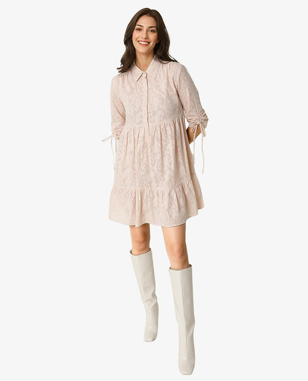 Rareism Women Tyra Beige Paisley Print Shirt Collar Front Button Closure Placket 3/4 Sleeve With Tie Up Pocket Mini Dress