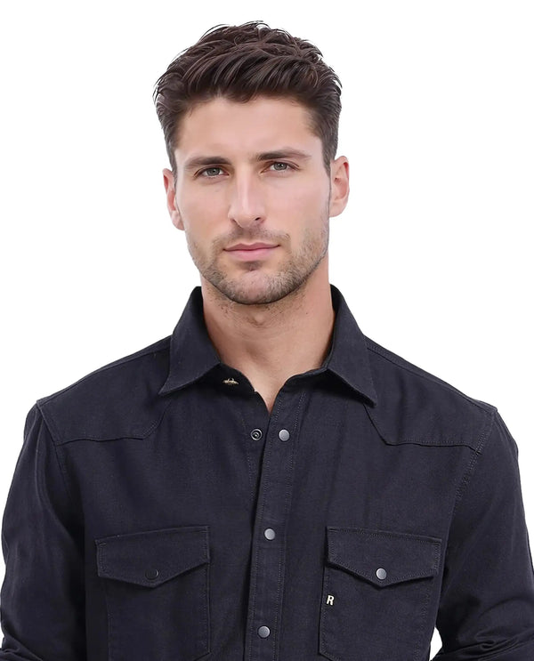 Rare Rabbit Men Tyson-1 Black Cotton Fabric Full Sleeve Snap Button Closure with Two Front Flap Pockets Plain Shirt
