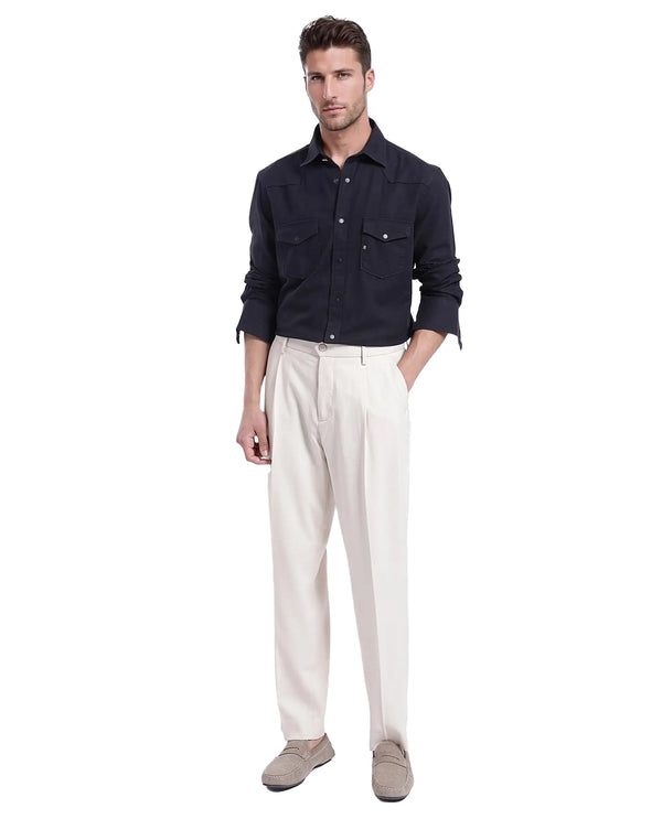 Rare Rabbit Men Tyson-1 Black Cotton Fabric Full Sleeve Snap Button Closure with Two Front Flap Pockets Plain Shirt