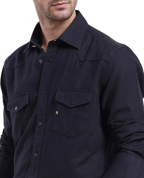 Rare Rabbit Men Tyson-1 Black Cotton Fabric Full Sleeve Snap Button Cl
