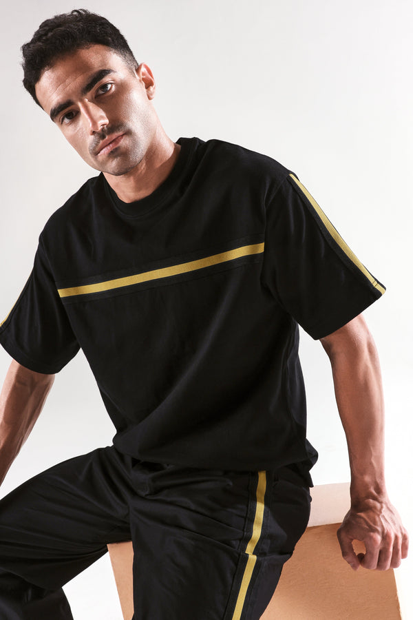Rare Rabbit Men Newnon-T Black  Cotton Fabric Short Sleeves Tape Detailed Boxy Fit Crew Neck Plain T-Shirt