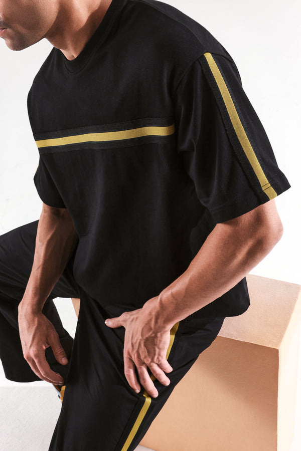 Rare Rabbit Men Newnon-T Black  Cotton Fabric Short Sleeves Tape Detailed Boxy Fit Crew Neck Plain T-Shirt