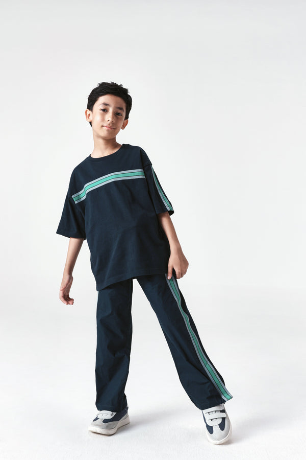Rare Ones Kids Taper-B Navy Tape Detailed Button And Zip Closure Regular Fit Cotton Trouser