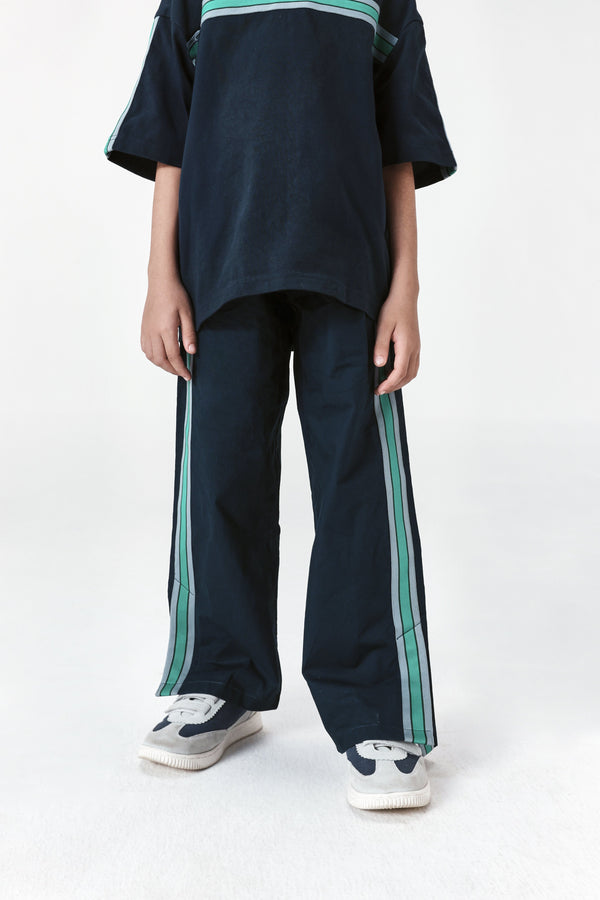 Rare Ones Kids Taper-B Navy Tape Detailed Button And Zip Closure Regular Fit Cotton Trouser