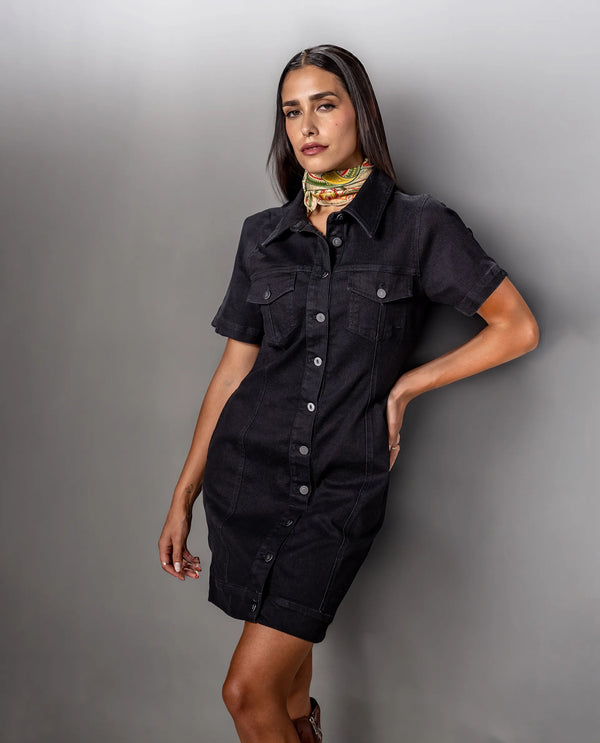 Rareism Women Thio Black Cotton Polyester Fabric Short Sleeve Collared Neck Regular Fit Plain Dress