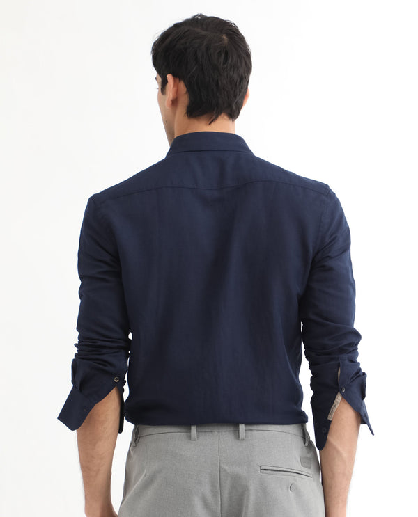 Rare Rabbit Men's Throner Navy Full Sleeves Solid Linen Blend Shirt