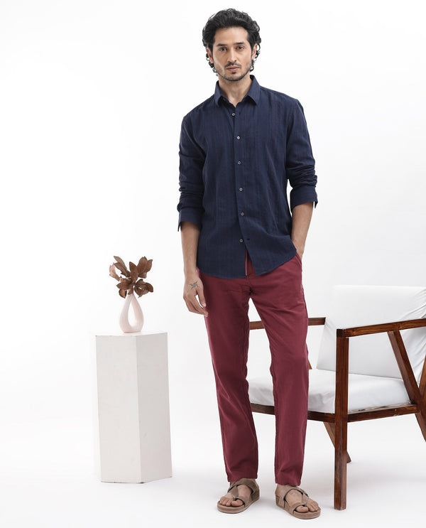 Rare Rabbit Mens Tolic Navy Full Sleeve Cotton Linen Fabric Stripe Print Shirt