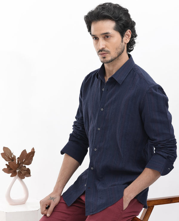 Rare Rabbit Mens Tolic Navy Full Sleeve Cotton Linen Fabric Stripe Print Shirt