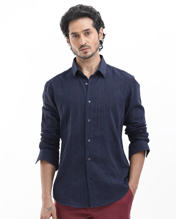 Rare Rabbit Mens Tolic Navy Full Sleeve Cotton Linen Fabric Stripe Print Shirt