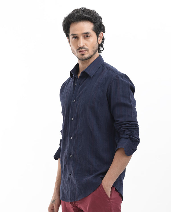 Rare Rabbit Mens Tolic Navy Full Sleeve Cotton Linen Fabric Stripe Print Shirt