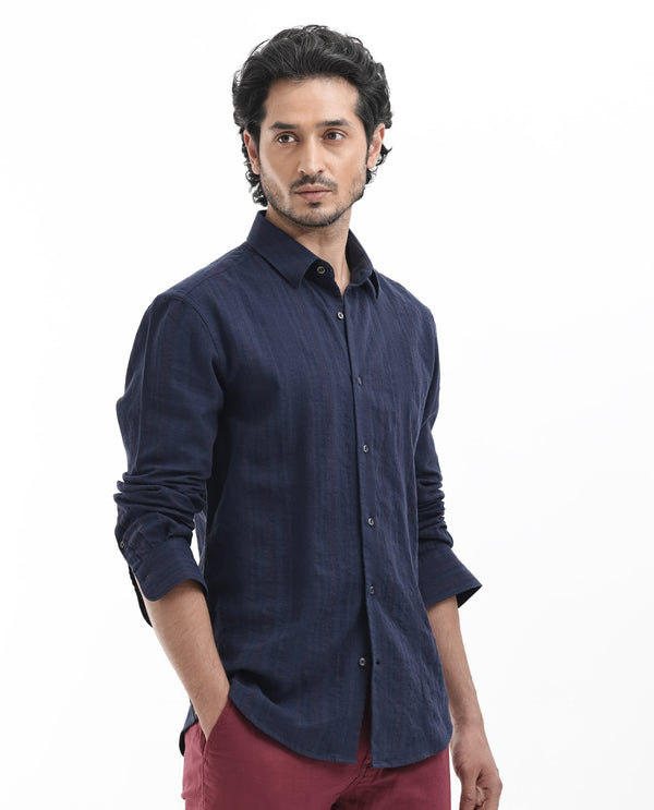 Rare Rabbit Mens Tolic Navy Full Sleeve Cotton Linen Fabric Stripe Print Shirt