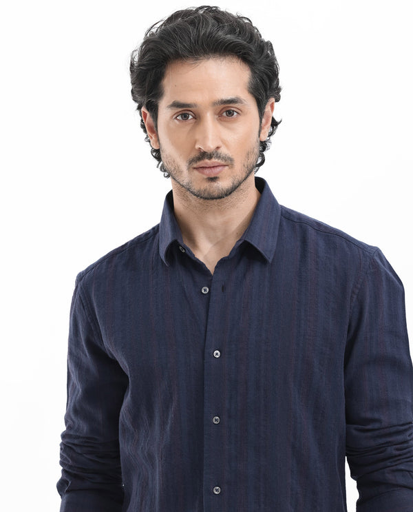 Rare Rabbit Mens Tolic Navy Full Sleeve Cotton Linen Fabric Stripe Print Shirt