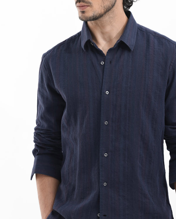 Rare Rabbit Mens Tolic Navy Full Sleeve Cotton Linen Fabric Stripe Print Shirt