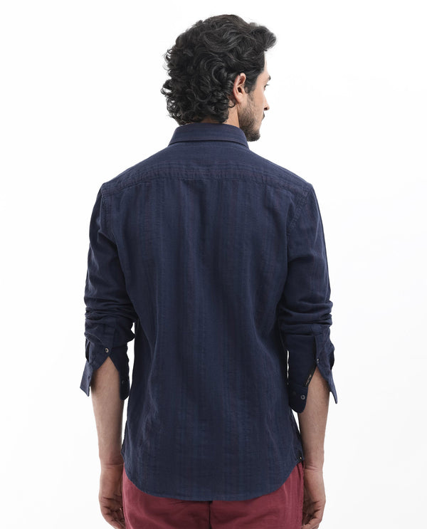 Rare Rabbit Mens Tolic Navy Full Sleeve Cotton Linen Fabric Stripe Print Shirt