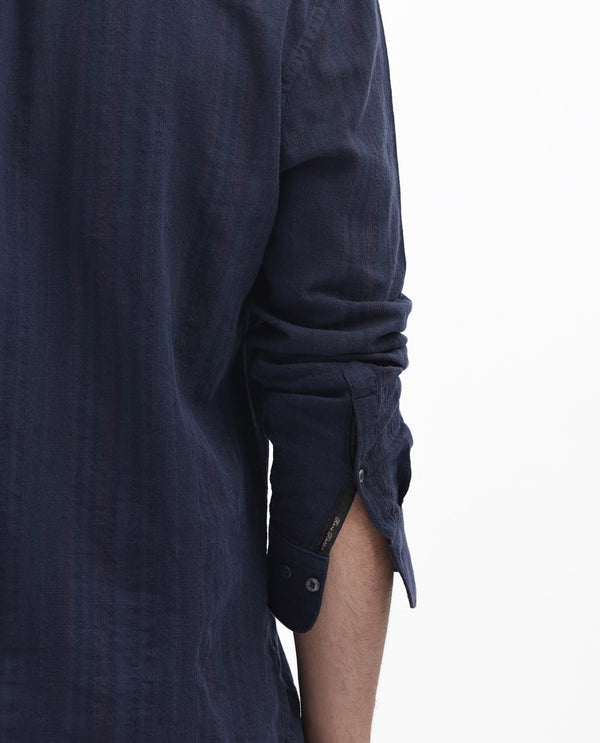 Rare Rabbit Mens Tolic Navy Full Sleeve Cotton Linen Fabric Stripe Print Shirt