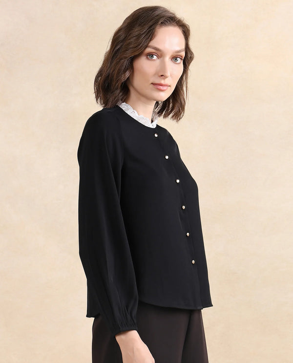 Rareism Women Ubik Black Bishop Sleeve Round Neck Button Closure Plain Top