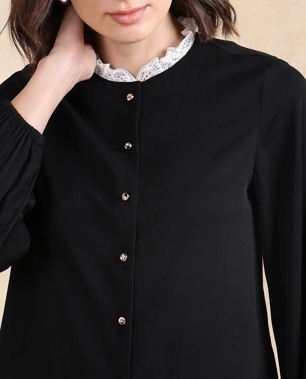 Rareism Women Ubik Black Bishop Sleeve Round Neck Button Closure Plain Top