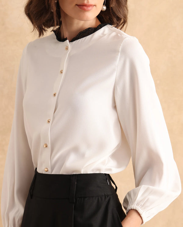 Rareism Women Ubik White Bishop Sleeve Round Neck Button Closure Plain Top