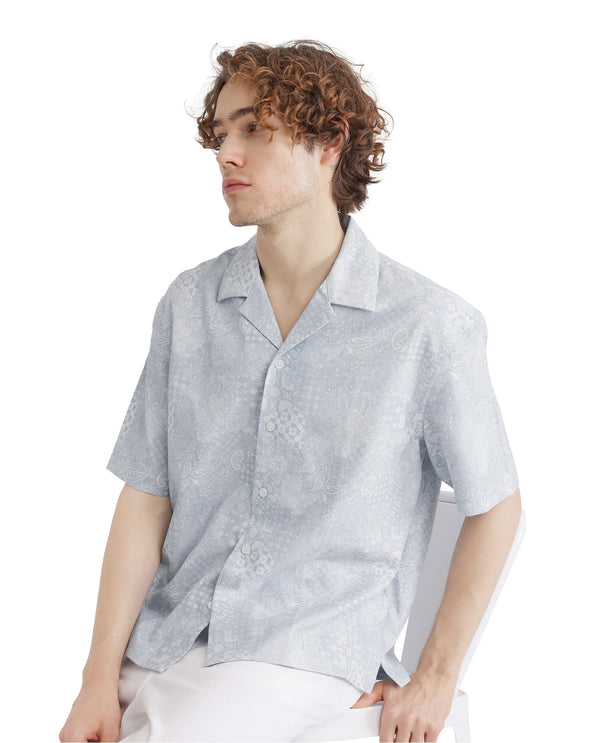 Rare Rabbit Men's Uffy Light Blue Cotton Fabric Short Sleeve Cuban Collared Button Closure Printed Shirt
