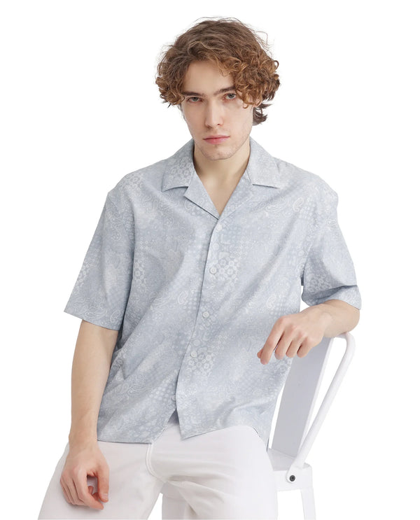 Rare Rabbit Men's Uffy Light Blue Cotton Fabric Short Sleeve Cuban Collared Button Closure Printed Shirt