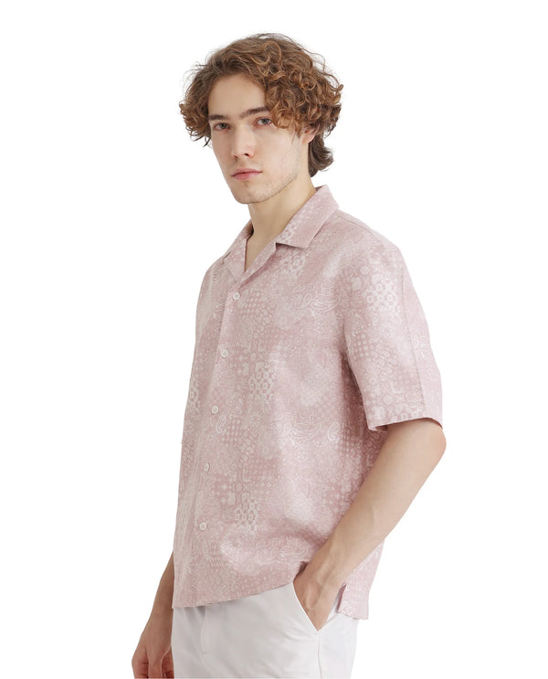 Rare Rabbit Men's Uffy Light Pink Cotton Fabric Short Sleeve Cuban Collared Button Closure Printed Shirt