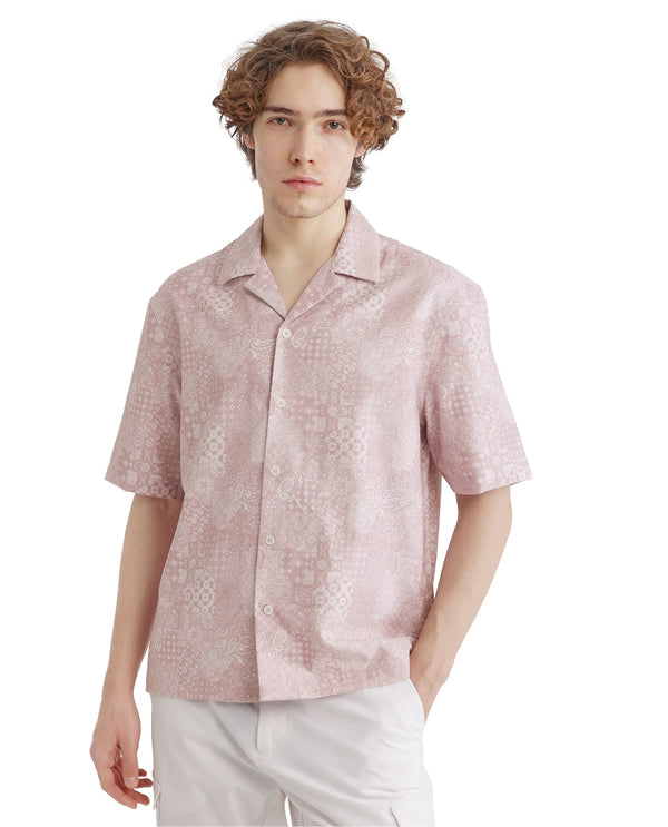Rare Rabbit Men's Uffy Light Pink Cotton Fabric Short Sleeve Cuban Collared Button Closure Printed Shirt