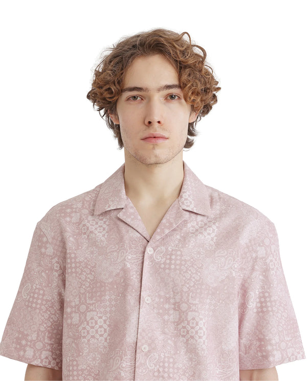 Rare Rabbit Men's Uffy Light Pink Cotton Fabric Short Sleeve Cuban Collared Button Closure Printed Shirt