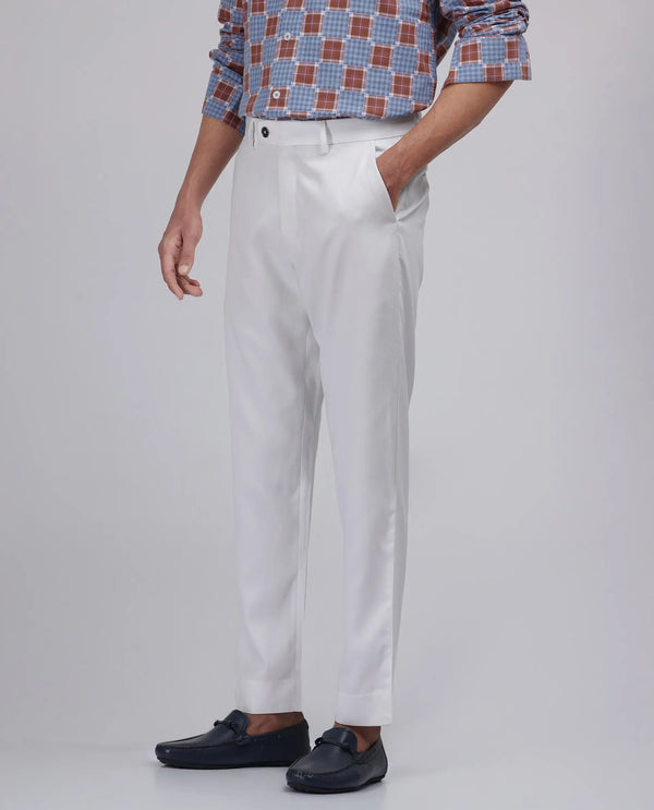 Rare Rabbit Men Ugo White Cotton Elastane Fabric Regular Fit Plain Trouser