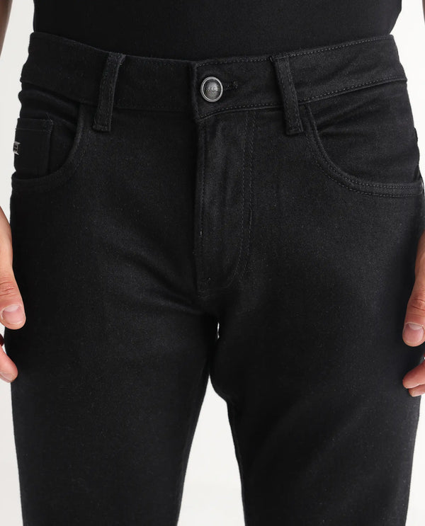 Rare Rabbit Men Umo Black Cotton Polyester Fabric Slim Fit Plain Denim Pant