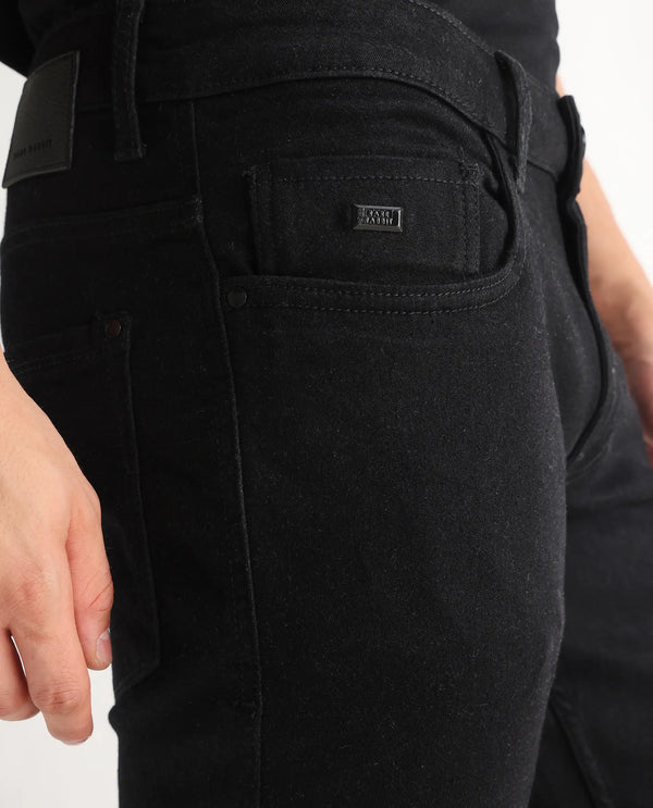 Rare Rabbit Men Umo Black Cotton Polyester Fabric Slim Fit Plain Denim Pant