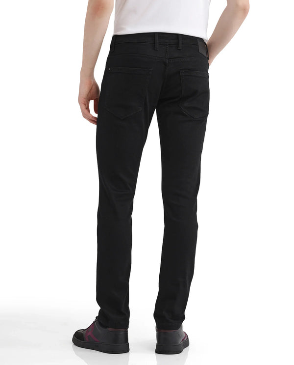 Rare Rabbit Men Umo Black Cotton Polyester Fabric Slim Fit Plain Denim Pant