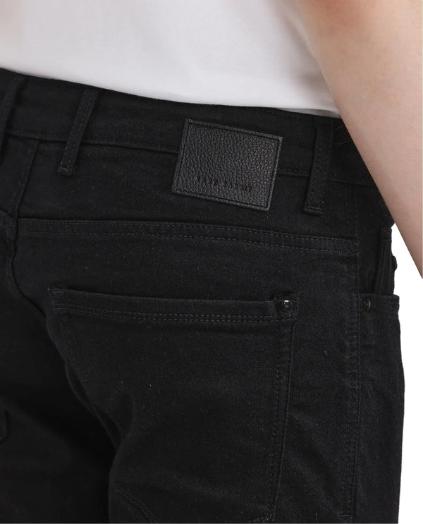 Rare Rabbit Men Umo Black Cotton Polyester Fabric Slim Fit Plain Denim Pant