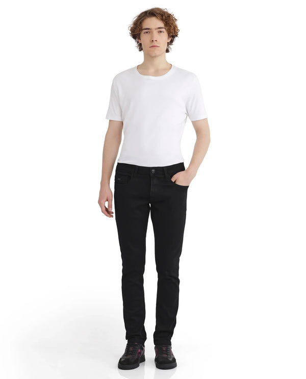 Rare Rabbit Men Umo Black Cotton Polyester Fabric Slim Fit Plain Denim Pant