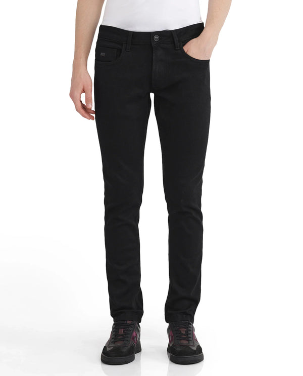 Rare Rabbit Men Umo Black Cotton Polyester Fabric Slim Fit Plain Denim Pant