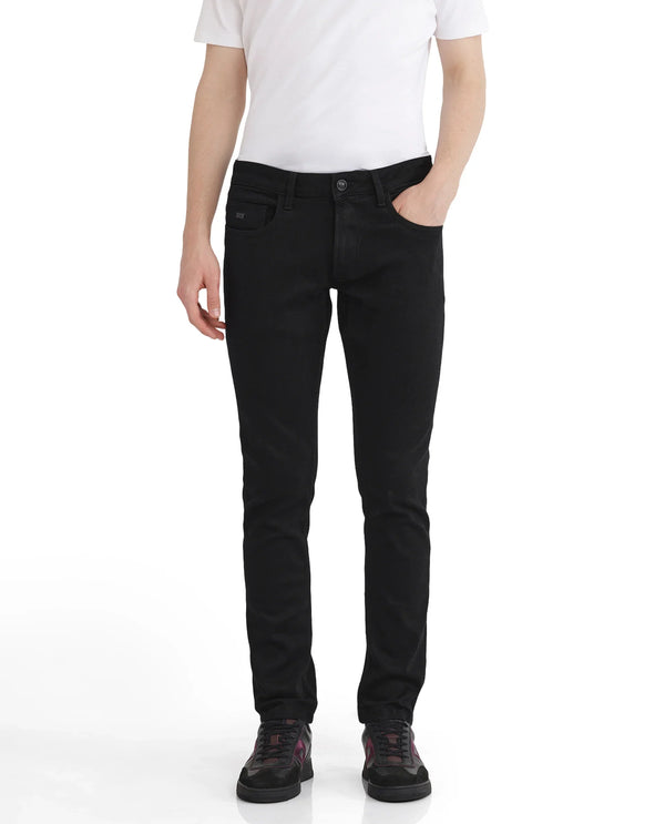 Rare Rabbit Men Umo Black Cotton Polyester Fabric Slim Fit Plain Denim Pant
