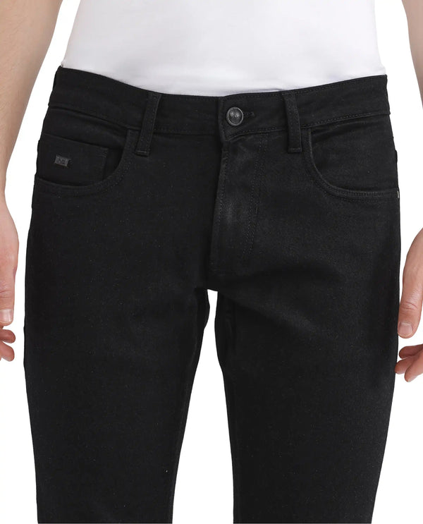 Rare Rabbit Men Umo Black Cotton Polyester Fabric Slim Fit Plain Denim Pant