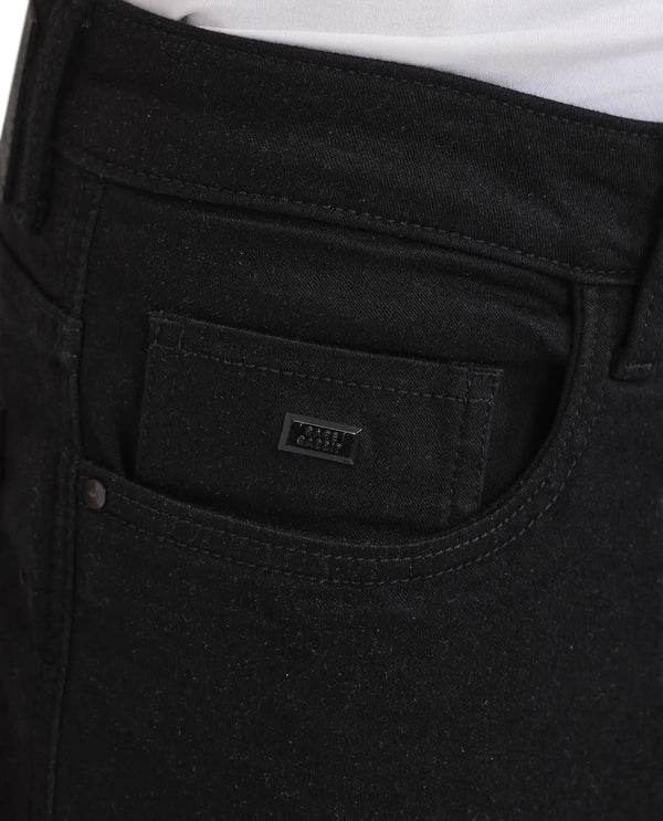 Rare Rabbit Men Umo Black Cotton Polyester Fabric Slim Fit Plain Denim Pant