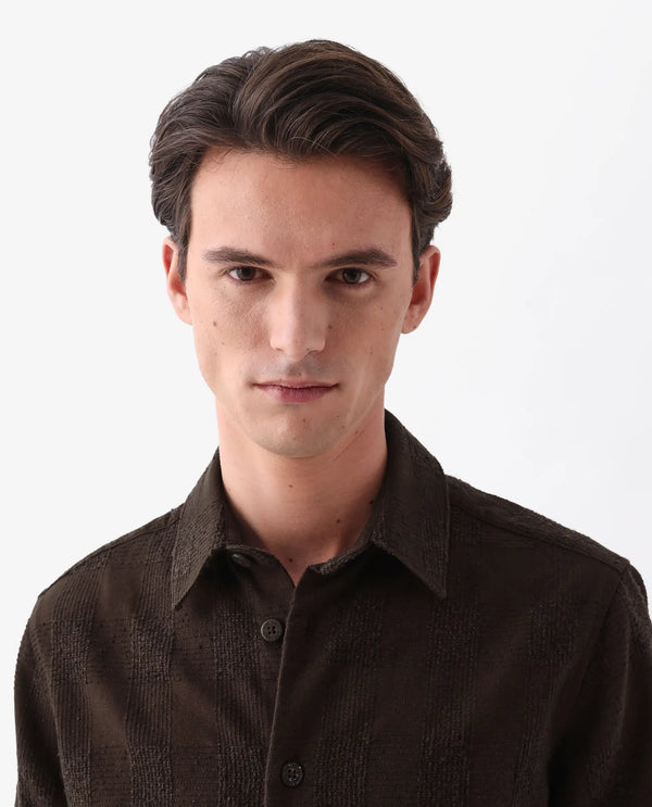 Rare Rabbit Men's Una Brown Cotton Fabric Short Sleeve Collared Neck Button Closure Checked Shirt