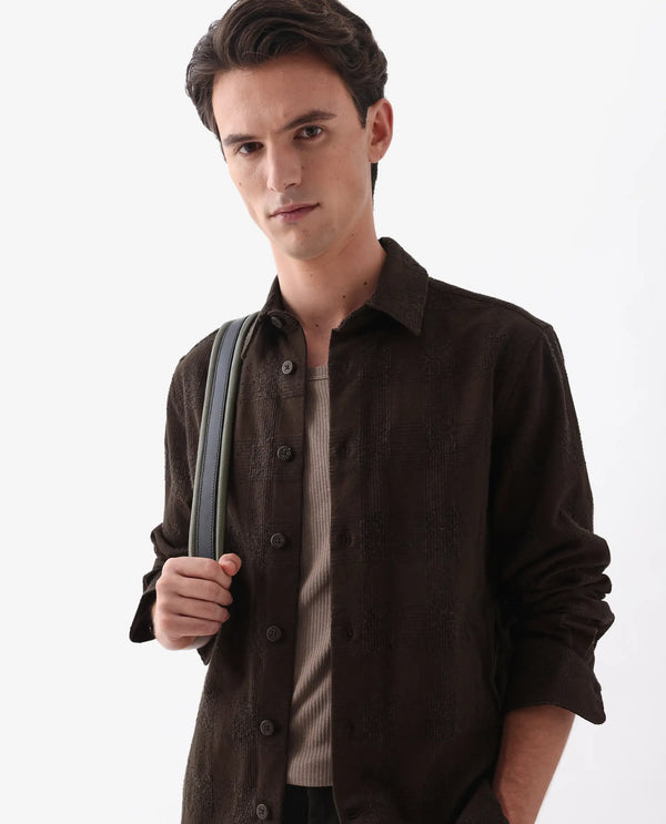 Rare Rabbit Men's Una Brown Cotton Fabric Short Sleeve Collared Neck Button Closure Checked Shirt