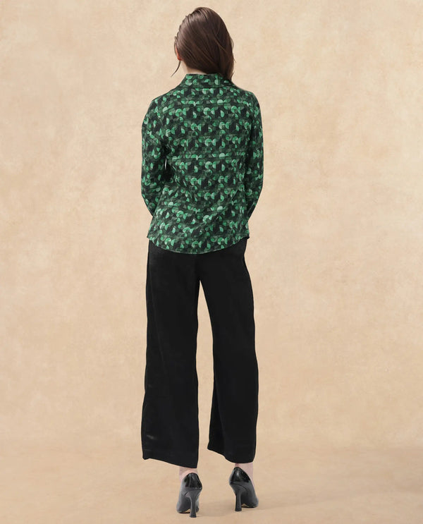 Rareism Women Unio Dark Green Polyester Fabric Full Sleeves Button Closure Shirt Collar Regular Fit Geometric Print Shirt