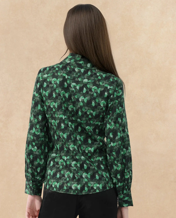 Rareism Women Unio Dark Green Polyester Fabric Full Sleeves Button Closure Shirt Collar Regular Fit Geometric Print Shirt