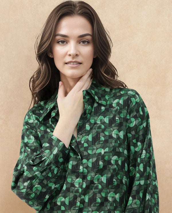 Rareism Women Unio Dark Green Polyester Fabric Full Sleeves Button Closure Shirt Collar Regular Fit Geometric Print Shirt