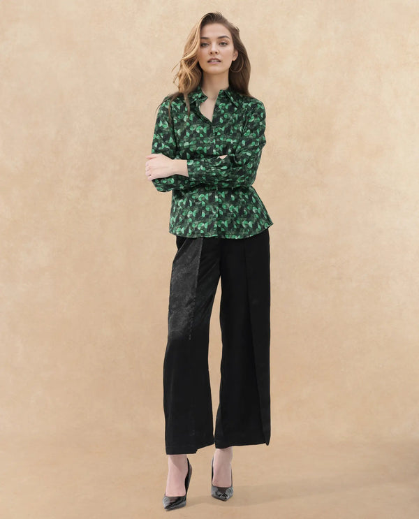 Rareism Women Unio Dark Green Polyester Fabric Full Sleeves Button Closure Shirt Collar Regular Fit Geometric Print Shirt