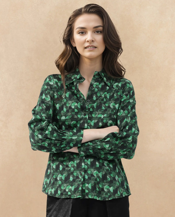 Rareism Women Unio Dark Green Polyester Fabric Full Sleeves Button Closure Shirt Collar Regular Fit Geometric Print Shirt