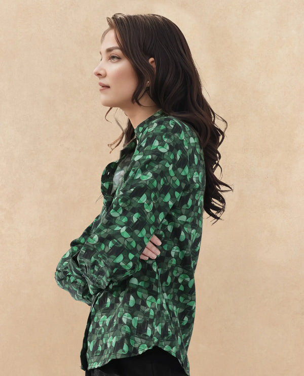 Rareism Women Unio Dark Green Polyester Fabric Full Sleeves Button Closure Shirt Collar Regular Fit Geometric Print Shirt