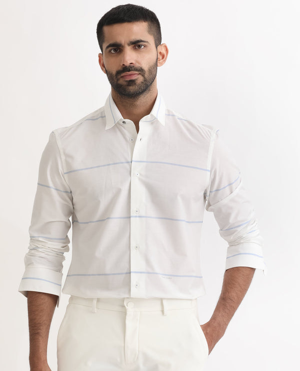 Rare Rabbit Men's Uniosn White Cotton Fabric Full Sleeves Striped Shirt