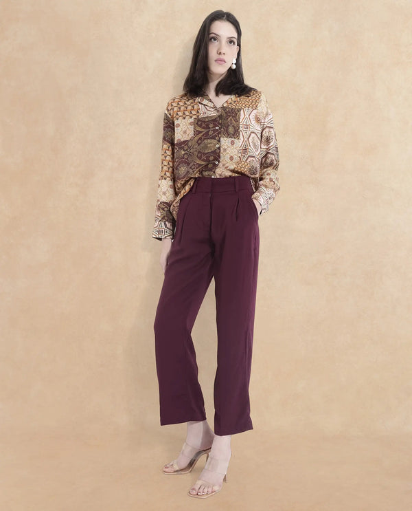 Rareism Women Urap Dark Maroon  Straight Fit Ankle Length Plain Trouser