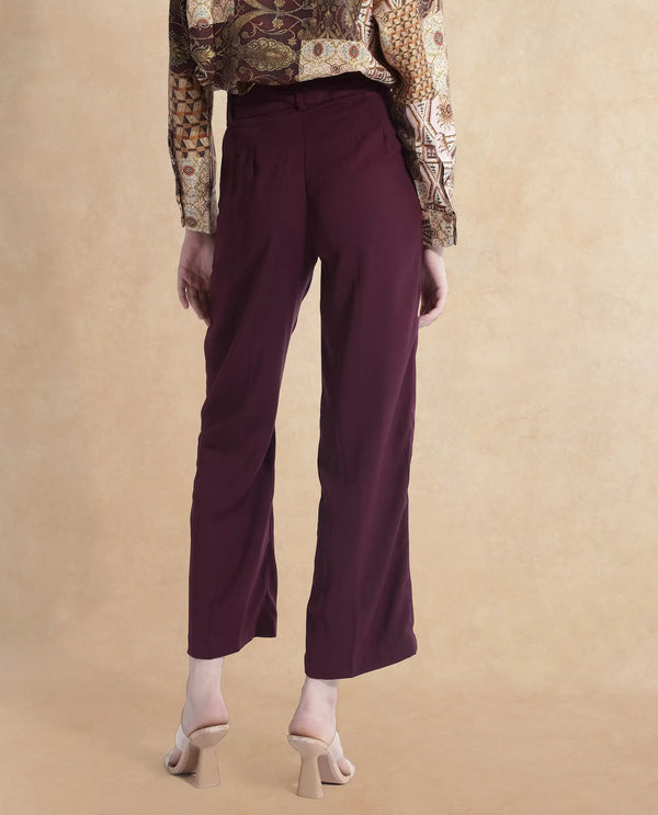 Rareism Women Urap Dark Maroon  Straight Fit Ankle Length Plain Trouser